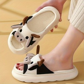 Men's Cartoon Milk Cow Graphic Slippers, Funny Animal Home Slipper Non-slip Open Toe Slippers With Linen Uppers For Indoor Walking
